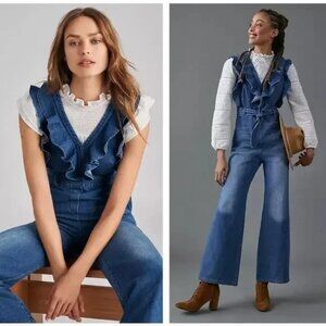 Mare Mare Anthropologie Alena Denim Jumpsuit Sleeveless Wide Leg Ruffles Small